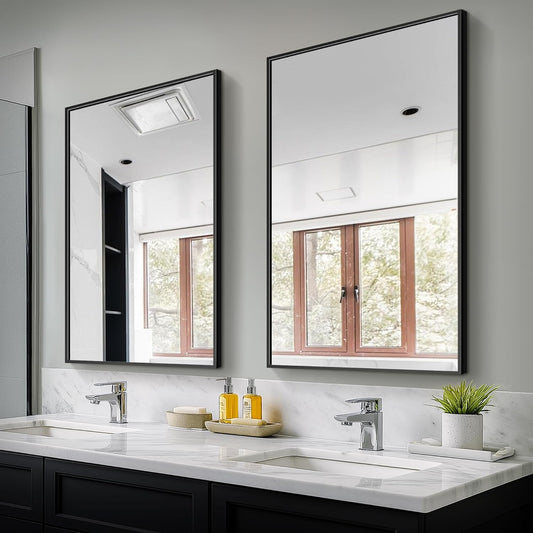 TRAHOME Bathroom Vanity Mirror - 36" x 24" Metal Framed Rectangular Design | HD Shatterproof Glass, Versatile Hanging Options (Black)