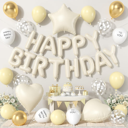 Pastel Yellow Birthday Decorations,Happy Birthday Banner with Heart Star Foil Balloons,Macaron Yellow Gold Sand White Clear Printed Balloons for Men Women Birthday Party Decor