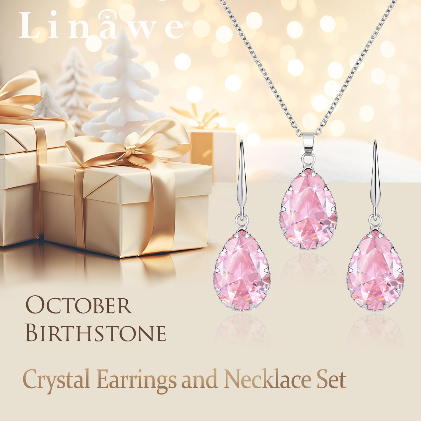 Linawe Pink Jewelry Sets for Women, Crystal Pendant Necklace Set Silver, Imitation Diamond Rhinestone Cubic Zirconia Birthstone Teardrop Dangle Drop Earrings, Matching Necklace Wedding Earring Set