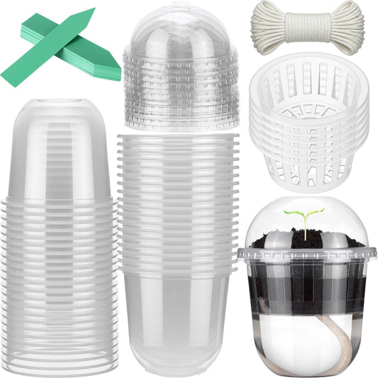Ferrochef 50 Pcs 3.7 Inches Clear Hydroponic Pots Kit Includes Self Watering Nursery Cups with Humidity Domes, Grow Baskets & Absorbing Wicks Reusable Seed Pots for Indoor Plants Herbs Seedling