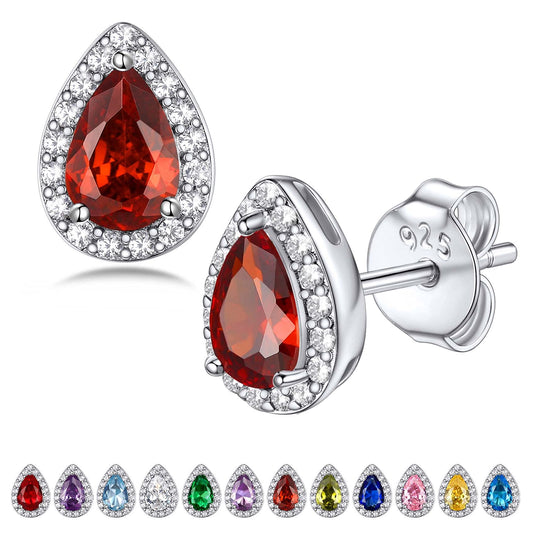 Bestyle 925 Sterling Silver Love Teardrop Cut Cubic Zirconia Stud Earrings, Brilliant Created July Ruby CZ Birthstone Earrings for Women
