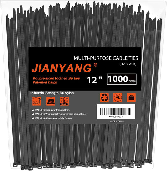 12 Inch 1000 Pack),85 LBS Zip Ties Double Sided Toothed (Bulk Tensile Strength Heavy Duty Cable Wire Ties