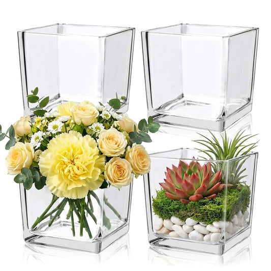 4 Pack Square Glass Vase 6" x 6" x 6", Clear Flower Vase for Centerpieces,Plant Terrarium, Floating Candle Holder for Wedding Centerpieces, Office Decorations, Home Décor, Parties and Events