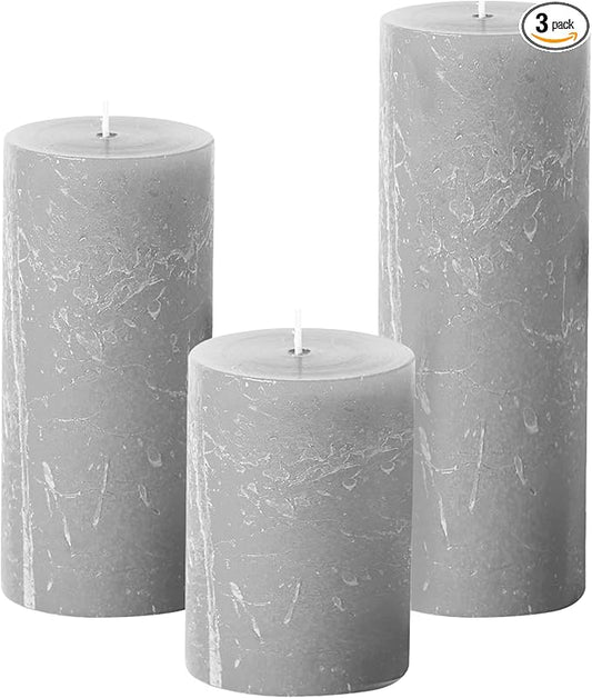 Simply Soson 3x4, 3x6, 3x8 inch Grey Pillar Candles, Set of 3 Pillar Candles, Rustic Texture, Unscented Grey Candles, Dripless Candles, Ideal as Wedding, Parties, Spa, Dinner, Home Decor, Church