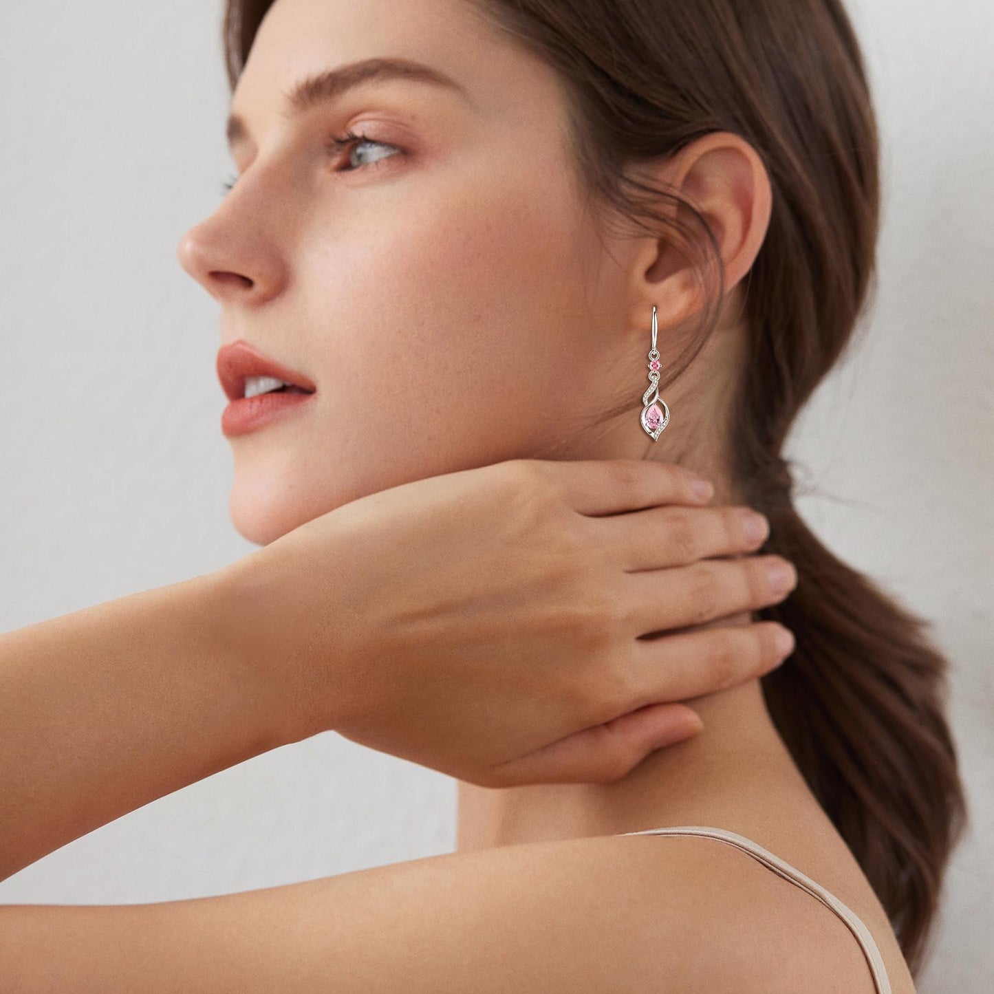 FANCIME Gift for Women October Birthstone Dangle Earrings for Her Teardrop Pink Tourmaline Dangle Earrings S925 Sterling Silver infinity Love Birthday Gifts for Mom Women