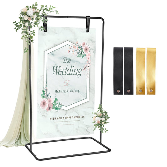ParseBio Wedding Sign Holder, 68”x31”x 20” Adjustable Black Welcome Sign Stand with Leather Sign Hanging Straps, Sign Rack,Heavy Duty Easel for Valentines Day, Wedding Seating Chart Stand