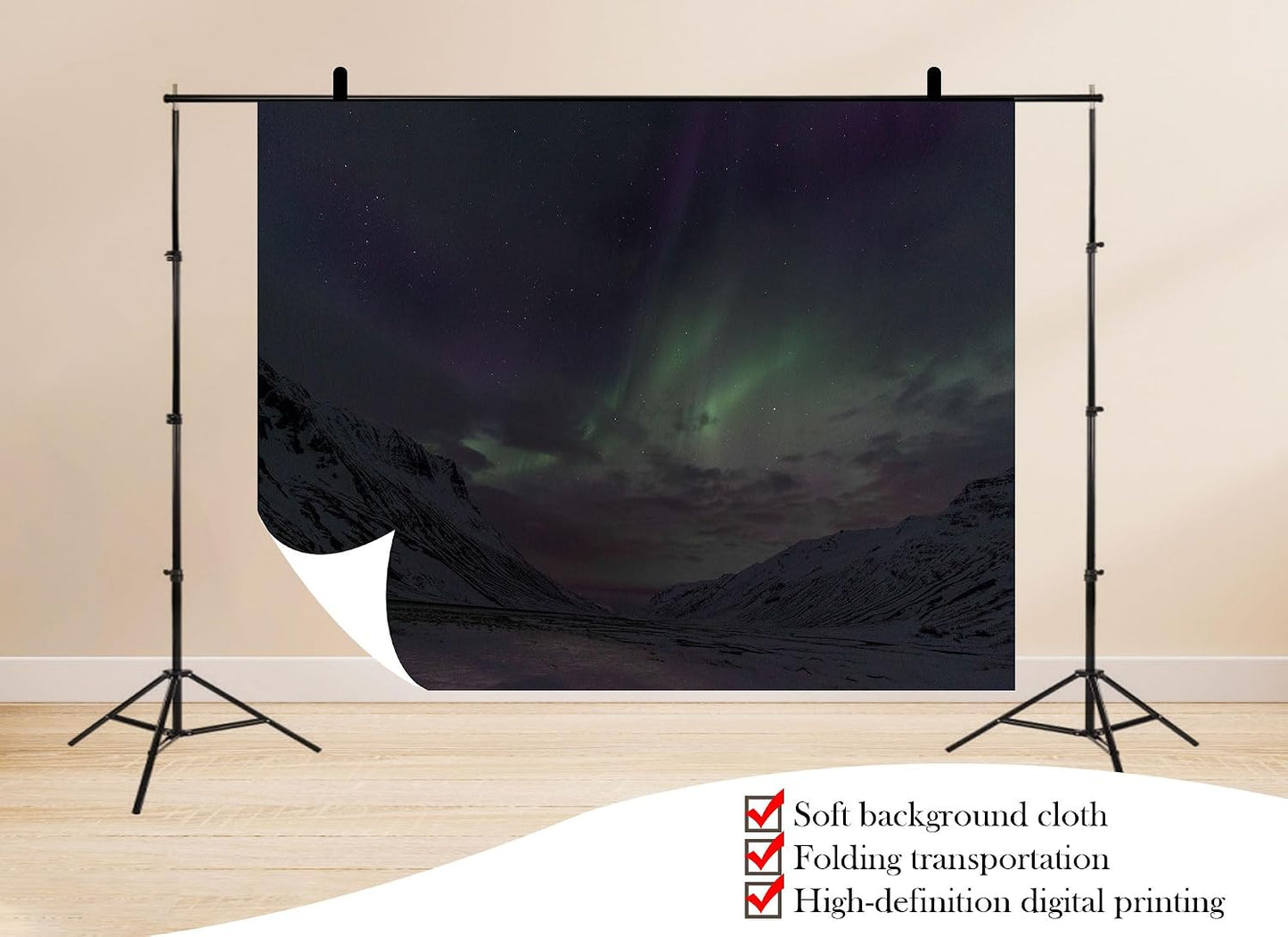 UPXIO 10x8ft Aurora Borealis Snowy Mountain Backdrop Starry Night Sky and Green Northern Lights Photo Background