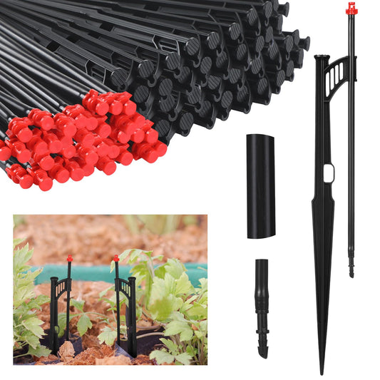 Yiyiring 50 Pcs 12.8 Inch Drip Irrigation Stakes with 360 Degree Sprayer Emitters and Sprinkler Extension Riser for 1/4 Inch Drip Tubing Micro Sprinkler Heads Stakes for Garden Watering System, Red