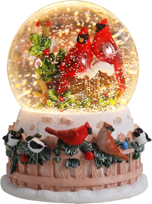 Bdor Christmas Cardinal Snow Globe - LED Lights & Music | 4.53" x 4.53" x 5.51" | 2 Modes: Color Changing & Warm Glow | Festive Winter Decoration