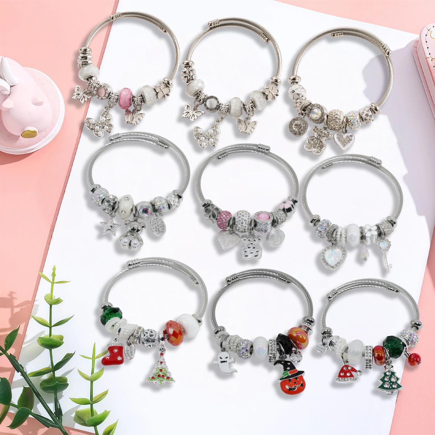 IUULOB Silver Women Bracelets - Adjustable Charm Bracelets for Women Birthday Gifts Favors Titanium Steel Bracelet Bundle Jewelry Kit (E: Bear - Stars)