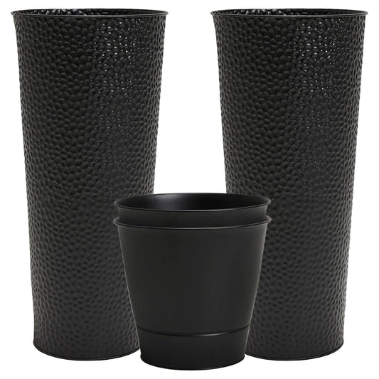 Worth 2 Pack 28" Tall Narrow Metal Planter with Inside Pot for Indoors or Outdoors, Deck, Patio or Front Porch, Hand-Hammered Texture, Black
