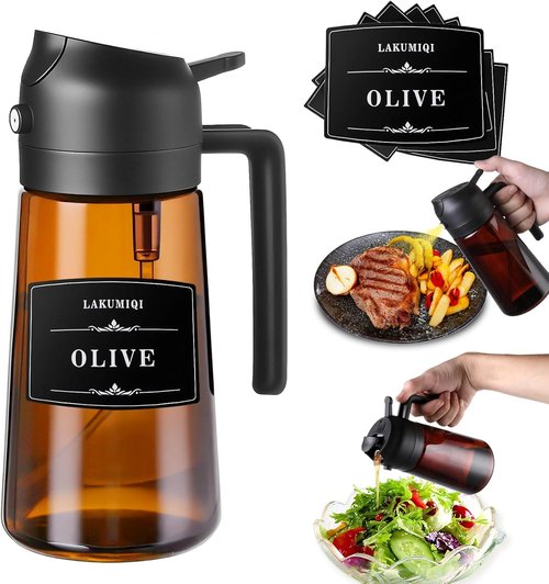 LAKUMIQI Olive Oil Sprayer - 2-in-1 16oz Glass Dispenser & Mister | Non-Aerosol, Leak-Resistant for Cooking & BBQ
