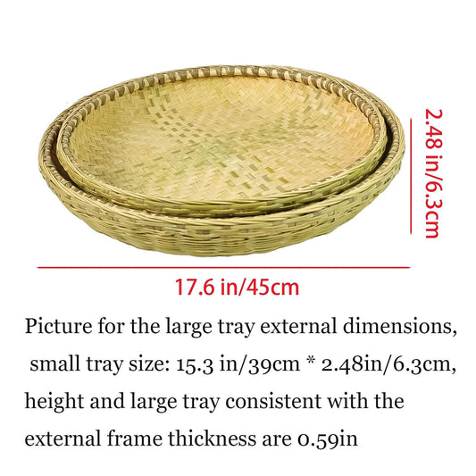 Bamboo basket，Food Flatware trays，Bamboo and Rattan Fruit and Vegetable Basket with Flat Bottom,For Table, Kitchen,Outdoor Gathering and Dining Room Service or Decoration 2 Piece Set