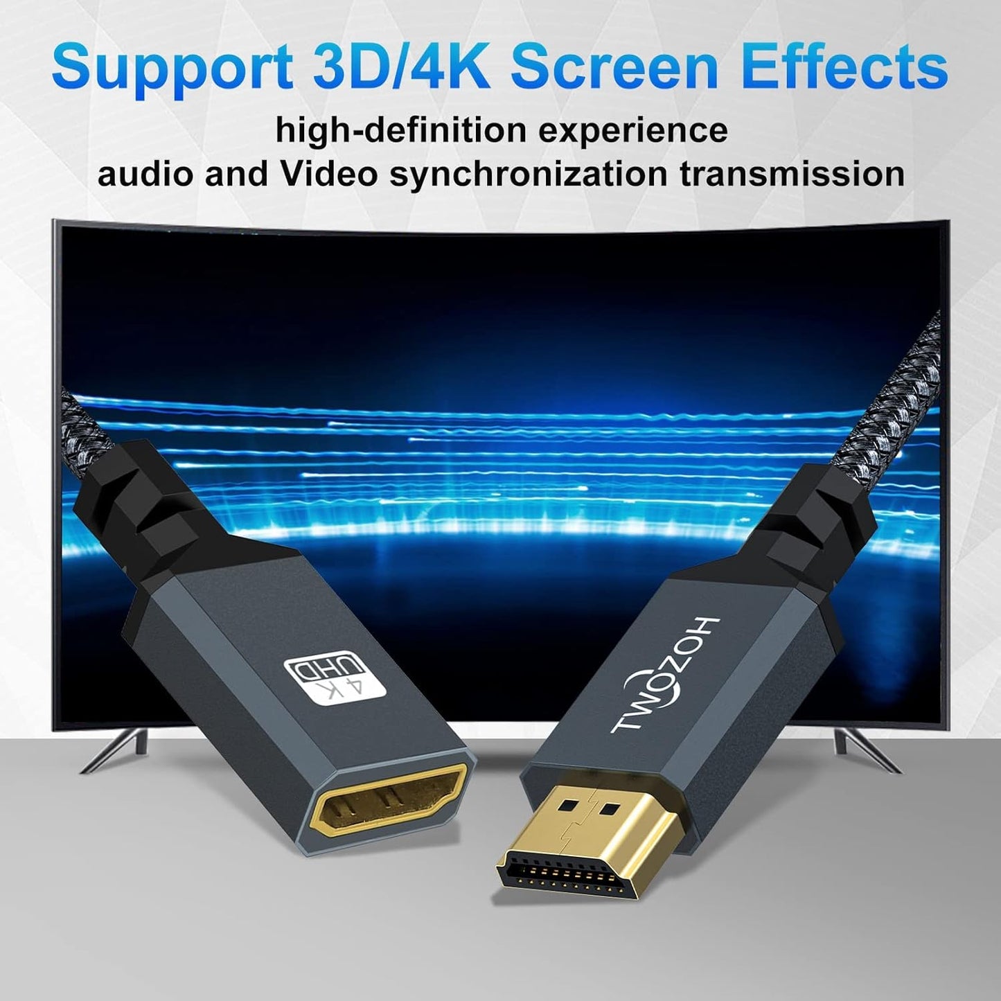Twozoh 15FT, 2.0 4K@60Hz 3D HDMI Extension Cable HDMI Male to Female HDMI Cord, HDMI Cable Adapter Support HDR