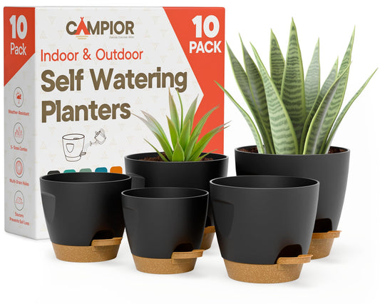 Black Self Watering Pots 10 Pack, Indoor and Outdoor Plant Pots with Wick Rope & Drainage Holes, Easy Watering Lip, Lightweight Plastic Self Watering Planter for Succulents, Houseplants, and Herbs