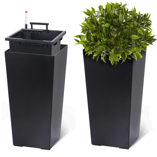 Black Planters Outdoor Set of 2, 22 Inch Tall Plastic Planter with Drainage Holes & Water Level Monitor & Inner Bucket, Indoor & Outdoor Large Planters for Front Porch, Patio, Balcony, Living Room