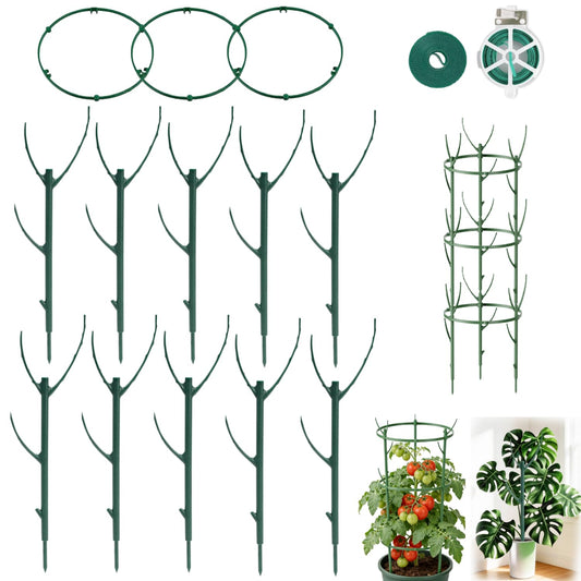 10Pack Stackable Plant Support, 2 in 1 Monstable Plant Stakes & Tomato Cage Kits for Indoor Outdoor Climibing Plants, Durable Alternative to Moss Pole Sticks Trellis for Houseplants Potted
