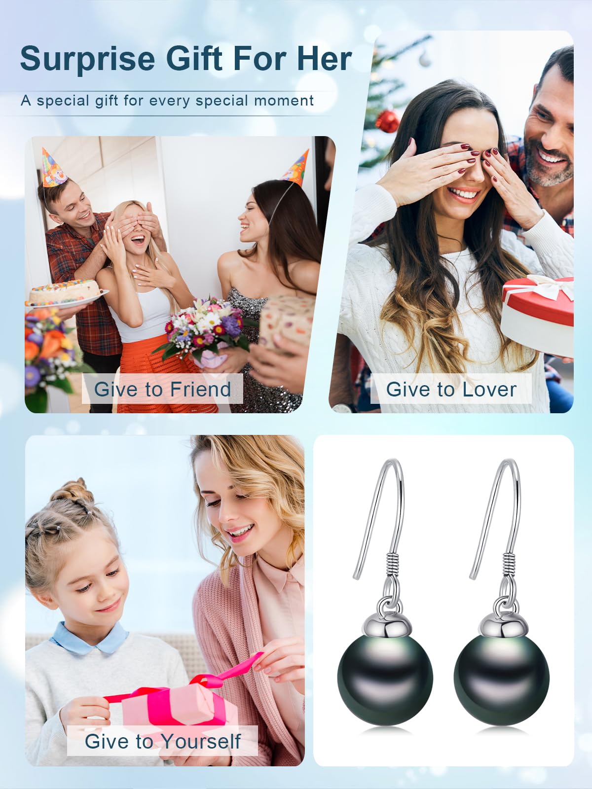 Tahitian Black Pearl Earrings 18K White Gold Plated 925 Sterling Silver Earrings AAA+ Handpicked Pearl Jewelry Gifts Drop Dangle Earrings for Wife Women Wedding Anniversary Birthday