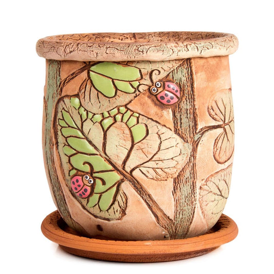 STP GOODS Ceramic Pot with Drainage Hole and Saucer, Plant Pots, Modern Decorative Planters for House Plants Indoor Flowers Plants, Cute Flower Pot - Gifts (Ladybugs (1.6 L))