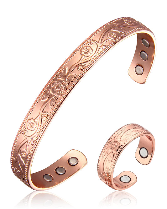 BioMag Women's Lymphatic Drainage Ring & Copper Bracelet, 99.99% Pure Copper Magnetic Bracelet & Ring with Built-in 3500 Gauss Magnets, Adjustable Size, Floral Vine Pattern