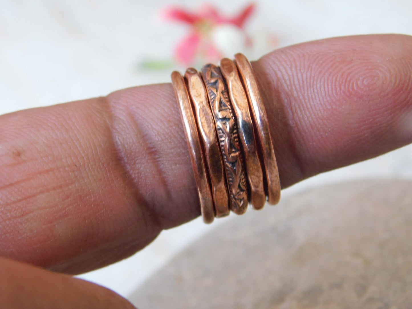 Set of 5 Hand Pure Copper Rings. Made with 100% Pure Raw Untreated Copper. Helps Reduce Finger Joint Pain and Swelling. Tibetan Healing Medicine Ring Set. (US-7)