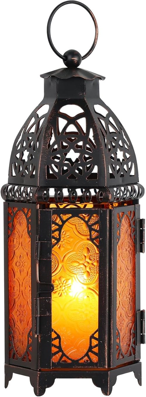 Needomo 11'' Moroccan Lantern - Vintage Metal Candle Holder for Indoor & Outdoor Decor | Amber