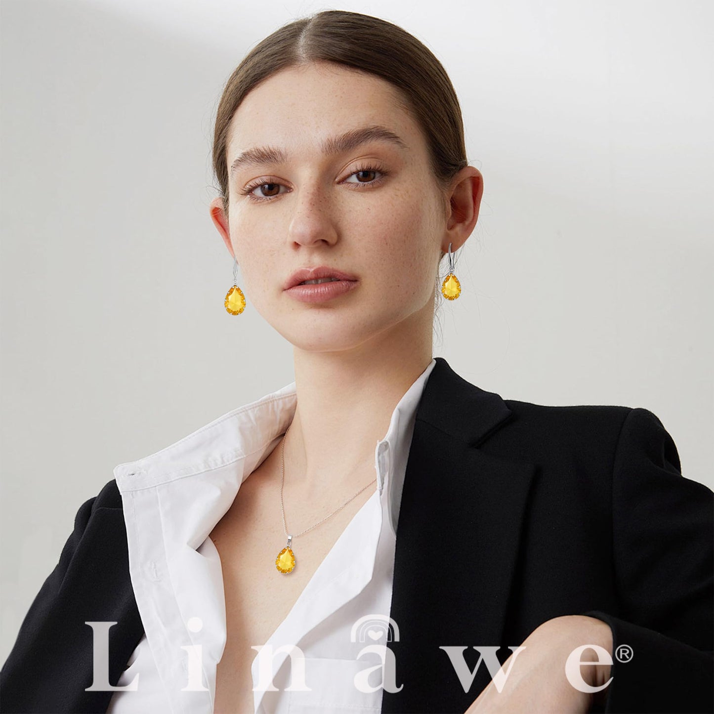 Linawe Yellow Jewelry Sets for Women, Silver Tear Drop Earring Set, Citrine Crystal Birthstone Imitation Diamond Pendant Necklace, Cubic Zirconia Rhinestone Costume Jewelry Set
