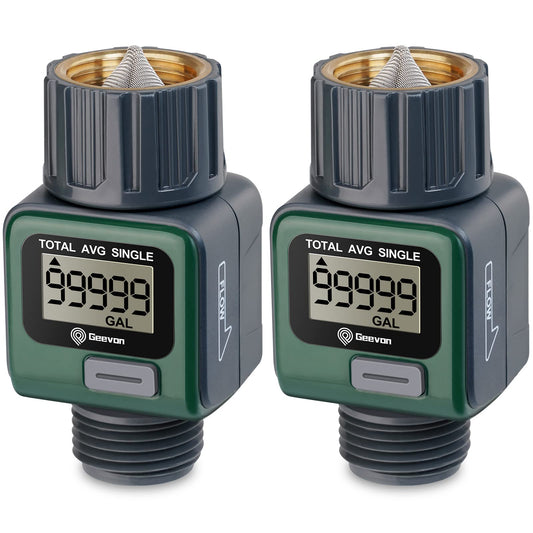 Geevon Garden Hose Water Flow Meter with Brass Inlet Metal Thread, High Accuracy & IPX6 Waterproof for Outdoor Garden Watering, RV Water Tank Filling, Lawn Sprinkler, and Nozzle Sprayer (2 Pack)