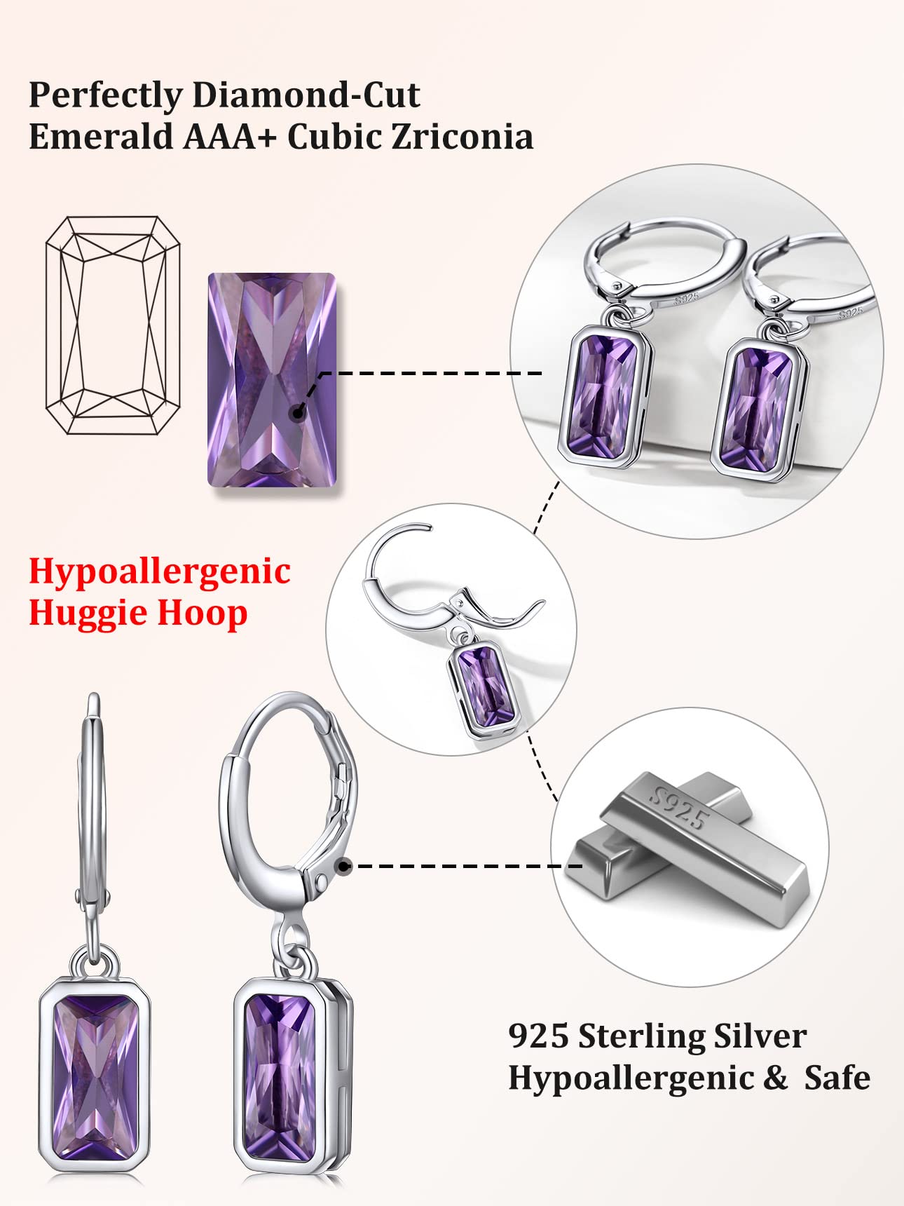 Bestyle Silver February Birthstone Dangle Earrings - Amethyst Crystal Drop Baguette Earrings for Women - Dainty Cute Small Silver Huggie Hoop Dangle Earrings for Birthday Wedding Party Gowns