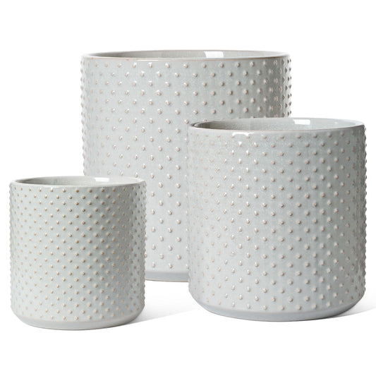 LE TAUCI Ceramic Pots for Plants, 10/8/6 Inch Indoor Planters with Draiange Hole, Silicone Plug & Mesh Pad, Modern Rasied-Dots Pots for Home Office, Set of 3, Glossy, Star Gray