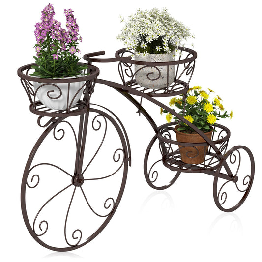 Toolsempire Tricycle Plant Stand, 3-Tier Metal Plant Stand Bicycle Flower Pot Cart with Hollowed Baskets, Planter Potted Holder for Patio, Garden, Deck, Lawn (Bronze)