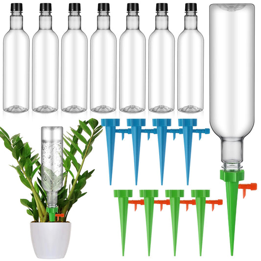 SiliFine 8 Set Plant Watering Devices with Self Watering Spikes and 26 oz Plastic Bottles Plant Waterer Devices with Adjustable Control Valve Switch Indoor Outdoor (Clear)