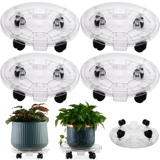 KvyusFlourish 4 Packs 11.8 Inches Large Clear Plant Caddy Plant Saucers on Wheels Rolling Plant Stands Heavy-duty Plant Dolly Plastic Planter Roller Base Pot Movers Outdoor Plant Tray Coaster