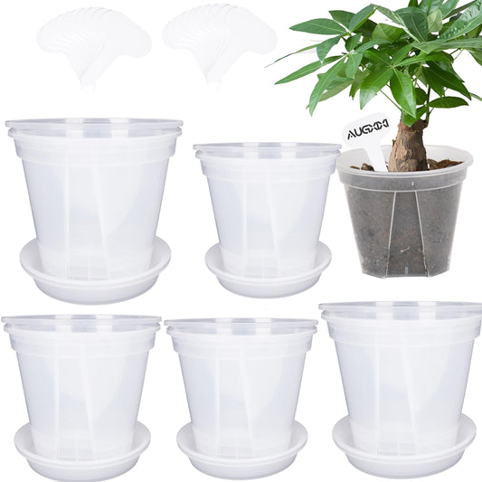 AUGXIXI 10 Sets Transparent Plastic Garden Pots Planter with Saucer 3.9/4.7/5.5/5.9/6.3 inch Plant Pot Nursery Pots Drainage Hole for House Plants, Herb, Flowers, and Cactus with 20pcs Plant Labels