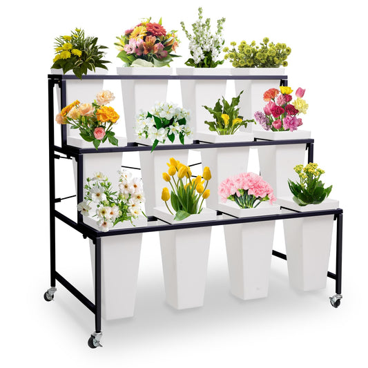 Flower Display Stands with Buckets, 3-Tier Rolling Plant Stand with Locking Wheels - Heavy Duty Metal Flower Cart for Indoor/Outdoor Use, Wedding Decor & Florist Displays (Holds 12 Pots) (Black)