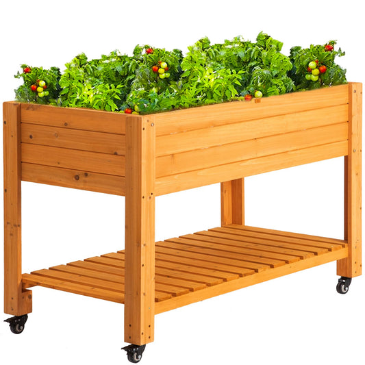 FORTUNO Raised Garden Bed with Wheels 48"x24"x33" Large Wood Planter Box with Legs Outdoor Mobile Wooden Elevated Raised Beds for Vegetable Flower, Standing Gardening Box with Liner for Patio, Deck