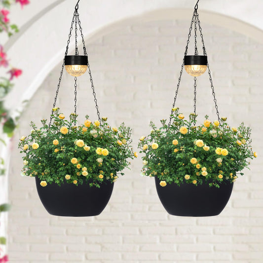 SUNNYPARK 2 Packs Hanging Planters Basket for Outdoor Plants, Solar Powered Self Watering Black Round Plastic Flower Pots with Drainer for Balcony Patio Garden Outdoor Decoration
