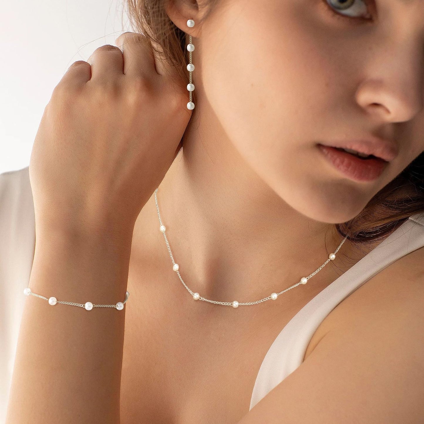 KXIEER Silver Jewelry Set for Women,Dainty Silver Pearl Necklace and Earring Set Pearl Drop Earrings Bracelets Pearls Choker Necklace Wedding Jewelry for Women Gift