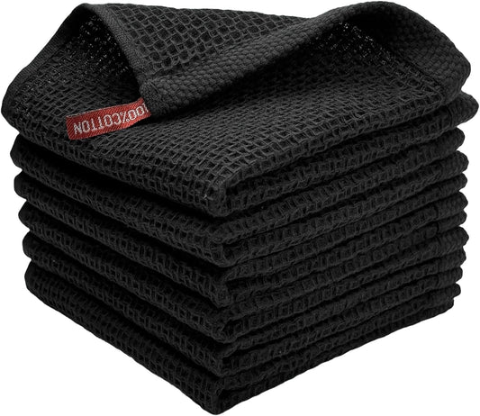 Skiennix 100% Cotton Waffle Weave Kitchen Towels - Ultra Soft & Absorbent 6 Pack | Quick Drying, 12x12 Inches, Black