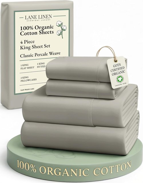 LANE LINEN 100% Organic Cotton King Sheet Set - Soft & Comfy Eco-Friendly Percale Bedding | Silver, 4-Piece, 15" Deep Pocket