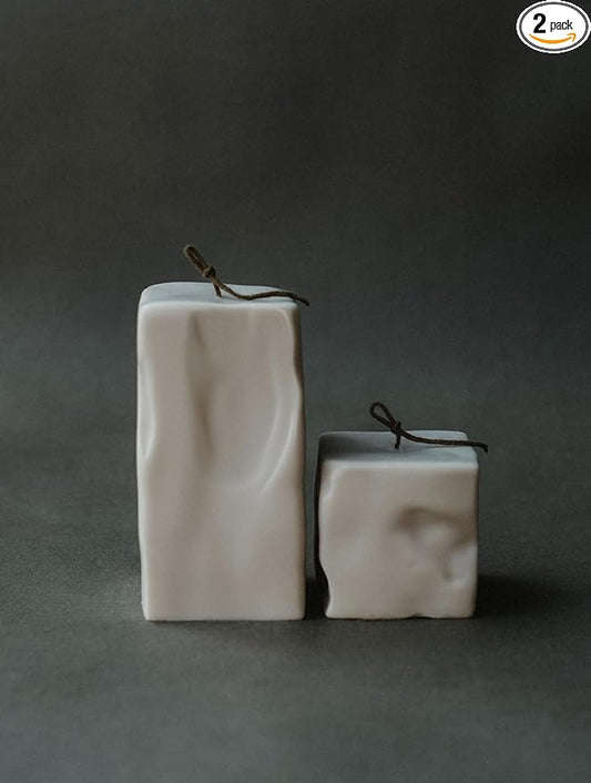 LAWA Raw Block Set of 2 Candle - Beautiful Handmade Pillar Scented Soy Wax Elegant Aesthetic Candle Housewarming Gift Home Room Shelf Decor Idea (Light Beige, Set of 2)