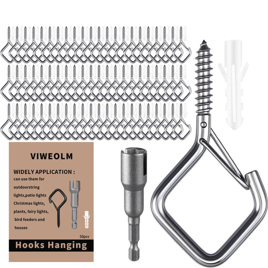 Viweolm Screw Hooks for Hanging, 304 Stainless Steel Ceiling Hooks for Outdoor String Lights, Wind Chimes, Lanterns, Plants, and Decorations – Indoor and Outdoor Use (Stainless Steel, 50 pcs)