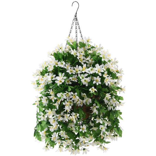 INQCMY Artificial Hanging Flowers in Basket for Patio Garden Decoration,Faux Silk Violet in Planter UV Resistant Realistic for Outside Home Porch Balcony Yard Decor(White)