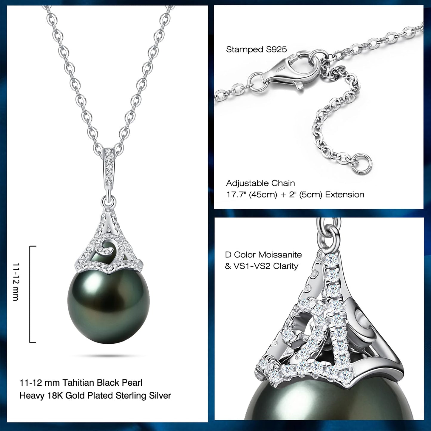 Genuine Tahitian Black Pearl Necklace - Christmas Gift for Wife Mom Daughter Sister Women, Jewelry Gifts for Wedding Anniversary Birthday, 11-12mm Seawater Pearl Sterling Silver Moissanite Pendant