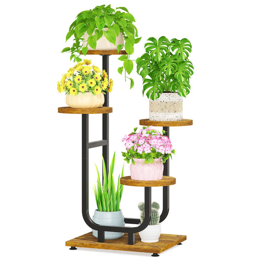 LASZOLA Black 4 Tier Tall Metal and Wood Plant Stand Indoor, Large Heavy Duty Planter Holder Rack for Vertical Corner, Sturdy Iron Spiral Multiple High Flower Organizer for Rustic Patio House Bathroom