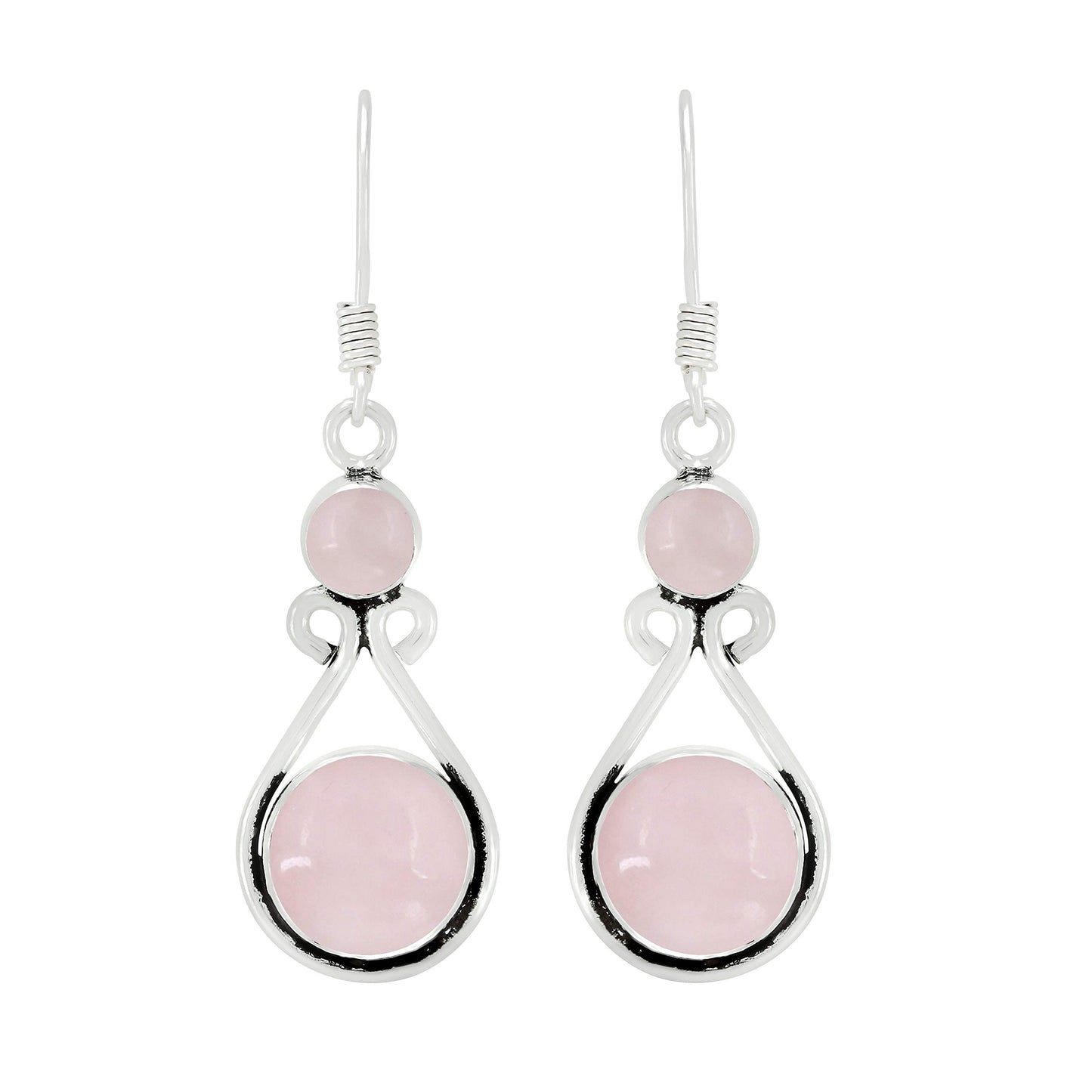 Natural Rose Quartz Silver Plated Dangle Earrings for Women - Januray Birthstone Round Gemstones Drop Earrings Handmade Jewelry - Valentine's Day Gift for Her