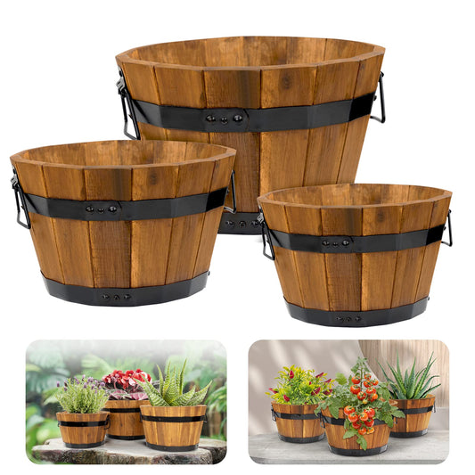 Idzo Set of 3 Wooden Flower Boxes Outdoor, Durable Acacia Wood Barrel Planters for Outdoor Plants with Ergonomic Handles, Drainage Holes, Multiple Sizes Wood Bucket Planter Light Brown