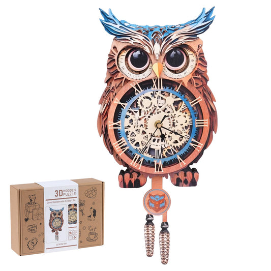 Rnfinewow 3D Wooden Puzzles for Adults, Owl Clock with Pendulum Model Kit, 3D Puzzles for Adults Room Home Decor DIY Wall Clock Kit, Holiday Birthday Christmas Day Gifts for Men Women