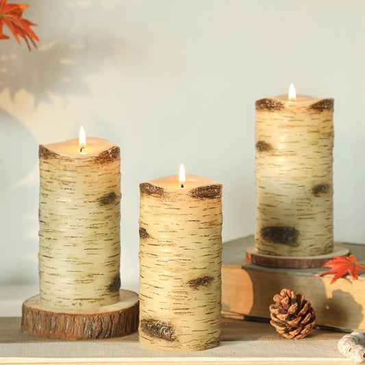 Birch Bark Pillar Candles, Fall Pillar Candles 3x6 Inch Set of 3, Thanksgiving Unscented Long-Lasting Smokeless Candles