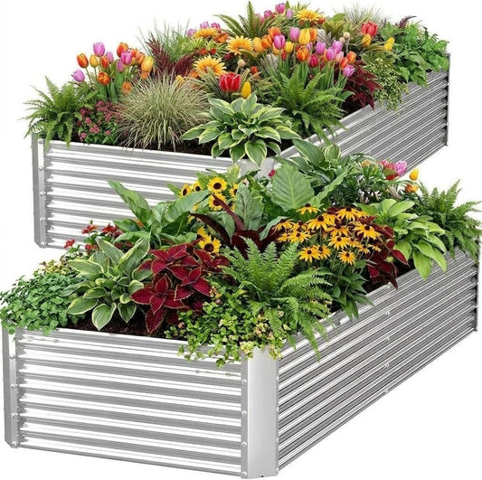 ActiveTrail 2 Pack Galvanized Raised Garden Bed Kit, Large Rectangular Metal Oval Raised Garden Beds, Outdoor Deep Root Box Planter for Gardening, Vegetables, Flowers, Herbs (4x2x1FT, Silver)